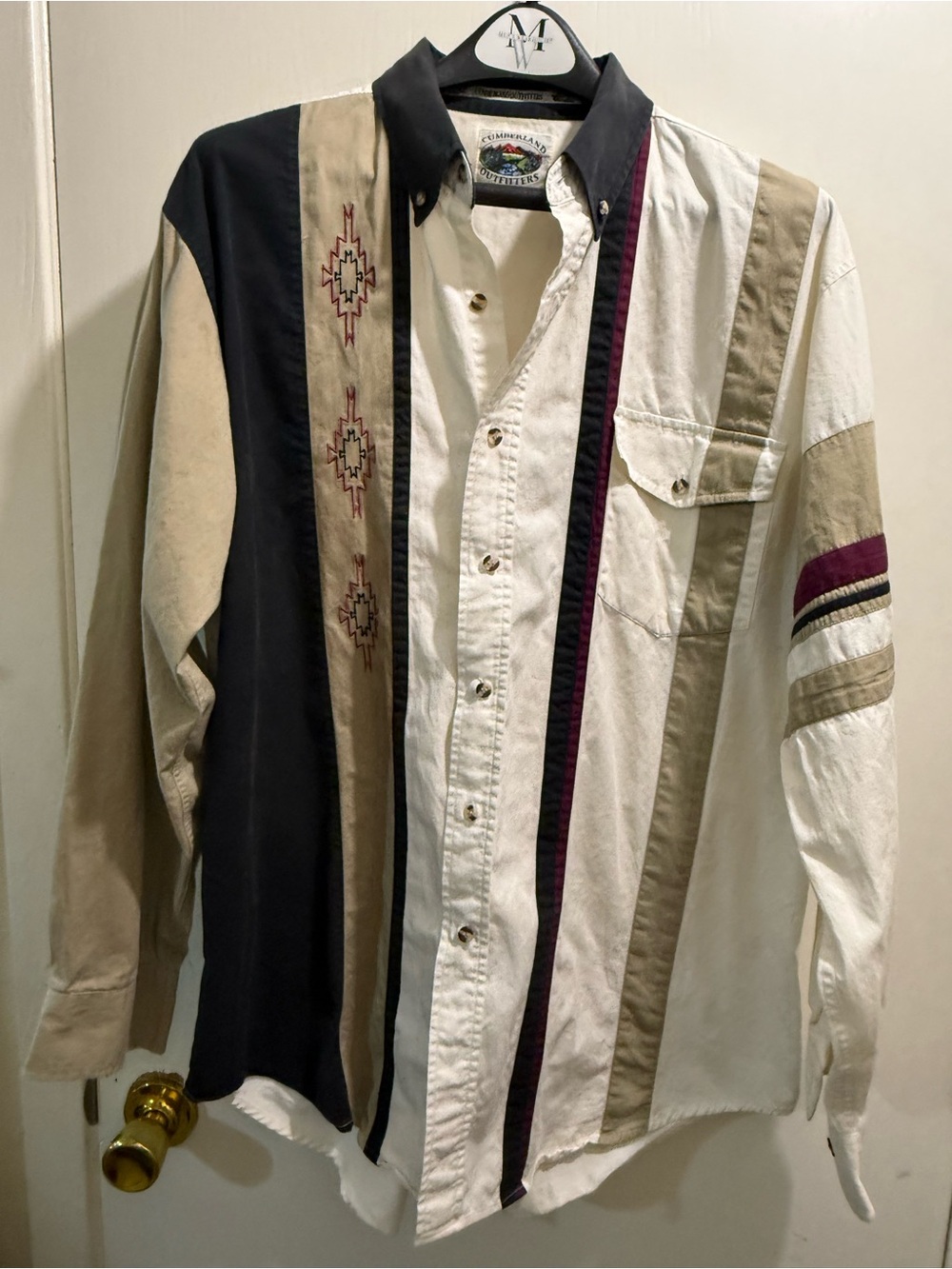 Vintage 9”s Aztec Western Panel Button-Down Shirt - White, Black, Tan